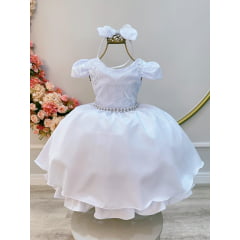 Vestido Infantil Branco Busto C/ Renda e Pérolas Tiara Damas