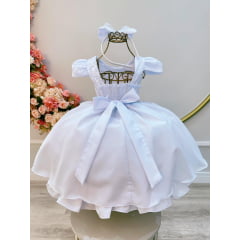 Vestido Infantil Branco Busto C/ Renda e Pérolas Tiara Damas