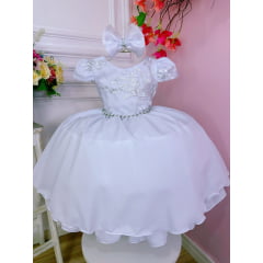 Vestido Infantil Branco C/ Renda e Cinto de Pérolas Laço