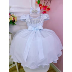 Vestido Infantil Branco C/ Renda e Cinto de Pérolas Laço