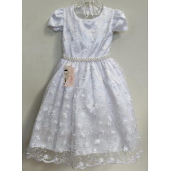 Vestido Infantil Branco Com Renda Realeza Cinto de Pérolas