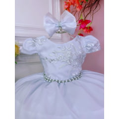 Vestido Infantil Branco Renda Cinto de Pérolas C/Tiara Luxo