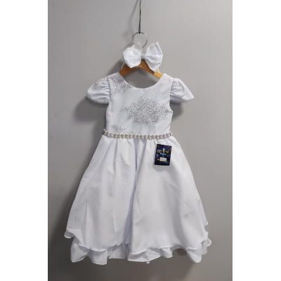 Vestido Infantil Branco Renda Metalizada C/ Tiara Daminhas