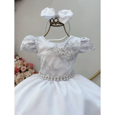 Vestido Infantil Branco Renda Metalizada C/ Tiara Daminhas
