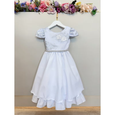 Vestido Infantil Branco Renda Metalizada C/ Tiara Daminhas