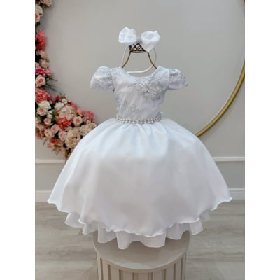 Vestido Infantil Branco Renda Metalizada C/ Tiara Daminhas