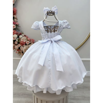 Vestido Infantil Branco Renda Metalizada C/ Tiara Daminhas