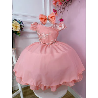 Vestido Infantil Goiaba C/ Renda e Cinto de Pérolas Laço