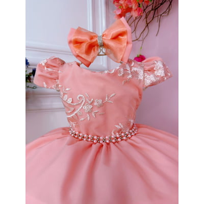 Vestido Infantil Goiaba C/ Renda e Cinto de Pérolas Laço