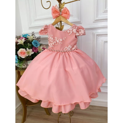 Vestido Infantil Goiaba C/ Renda e Cinto de Pérolas Laço
