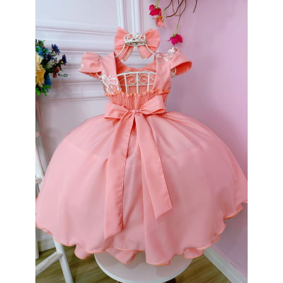 Vestido Infantil Goiaba C/ Renda e Cinto de Pérolas Laço