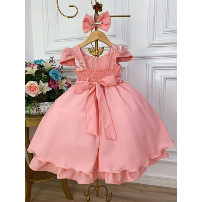 Vestido Infantil Goiaba C/ Renda e Cinto de Pérolas Laço