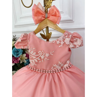 Vestido Infantil Goiaba C/ Renda e Cinto de Pérolas Laço