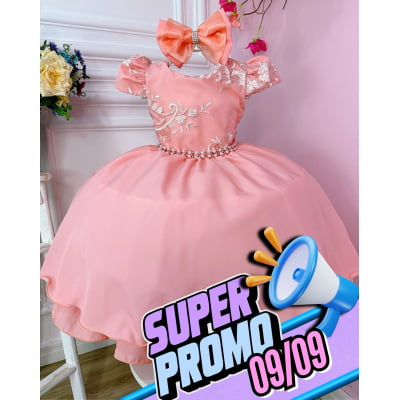Vestido Infantil Goiaba C/ Renda e Cinto de Pérolas Laço