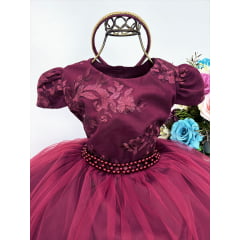 Vestido Infantil Marsala C/ Renda Cinto Pérolas Tiara Luxo