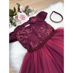 Vestido Infantil Marsala C/ Renda Cinto Pérolas Tiara Luxo
