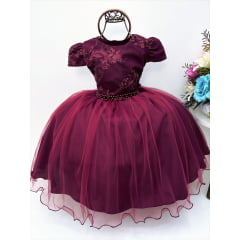 Vestido Infantil Marsala C/ Renda Cinto Pérolas Tiara Luxo