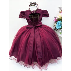 Vestido Infantil Marsala C/ Renda Cinto Pérolas Tiara Luxo