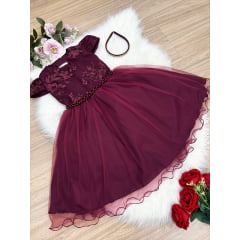 Vestido Infantil Marsala C/ Renda Cinto Pérolas Tiara Luxo