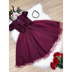 Vestido Infantil Marsala C/ Renda Cinto Pérolas Tiara Luxo