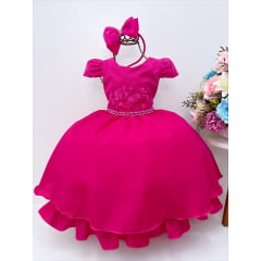 Vestido Infantil Pink C/ Renda e Cinto de Pérolas Tiara