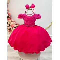 Vestido Infantil Pink C/ Renda e Cinto de Pérolas Tiara