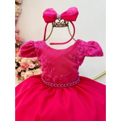 Vestido Infantil Pink C/ Renda e Cinto de Pérolas Tiara