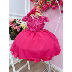 Vestido Infantil Pink Com Renda e Cinto de Pérolas Tiara