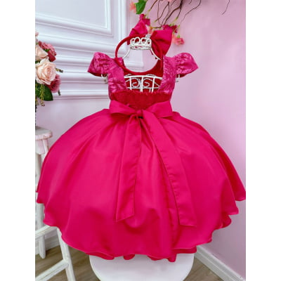 Vestido Infantil Pink Com Renda e Cinto de Pérolas Tiara