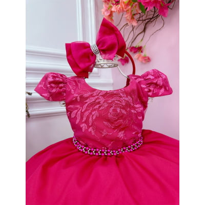 Vestido Infantil Pink Com Renda e Cinto de Pérolas Tiara