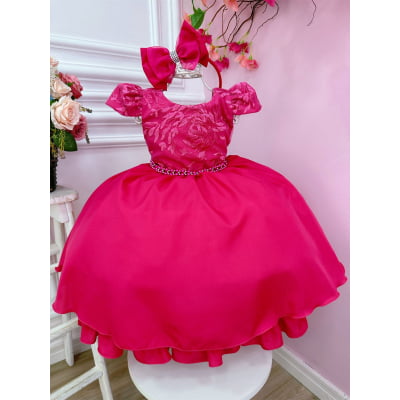 Vestido Infantil Pink Com Renda e Cinto de Pérolas Tiara