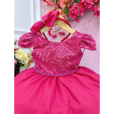 Vestido Infantil Pink Com Renda e Cinto de Pérolas Tiara
