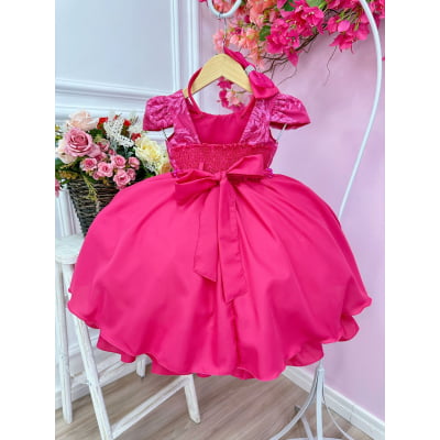Vestido Infantil Pink Com Renda e Cinto de Pérolas Tiara
