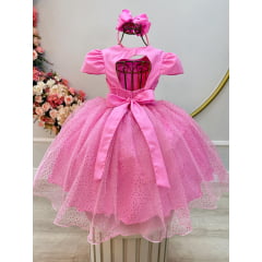 Vestido Infantil Rosa Chiclete Busto Nervura Saia C/ Glitter