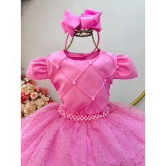 Vestido Infantil Rosa Chiclete Busto Nervura Saia C/ Glitter