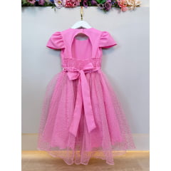 Vestido Infantil Rosa Chiclete Busto Nervura Saia C/ Glitter