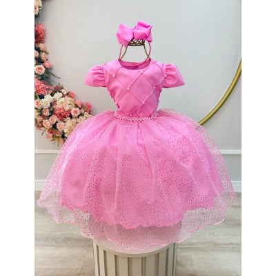 Vestido Infantil Rosa Chiclete Busto Nervura Saia C/ Glitter