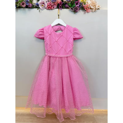 Vestido Infantil Rosa Chiclete Busto Nervura Saia C/ Glitter