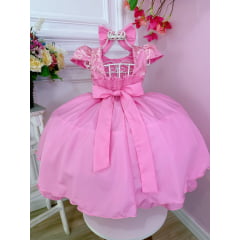 Vestido Infantil Rosa Chiclete C/ Renda Cinto Pérolas e Laço