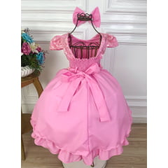 Vestido Infantil Rosa Chiclete C/ Renda Cinto Pérolas e Laço