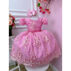 Vestido Infantil Rosa Chiclete C/ Renda Realeza Cinto Pérolas