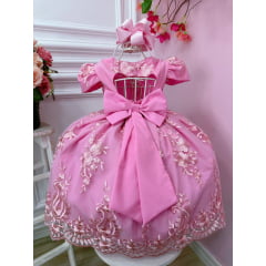 Vestido Infantil Rosa Chiclete C/ Renda Realeza Cinto Pérolas