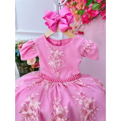 Vestido Infantil Rosa Chiclete C/ Renda Realeza Cinto Pérolas
