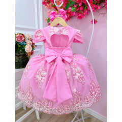Vestido Infantil Rosa Chiclete C/ Renda Realeza Cinto Pérolas