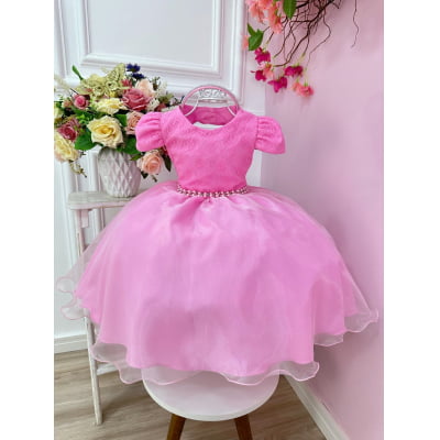 Vestido Infantil Rosa Chiclete Renda Damas C/ Pérolas e Tiara