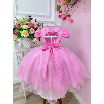 Vestido Infantil Rosa Chiclete Renda Damas C/ Pérolas e Tiara