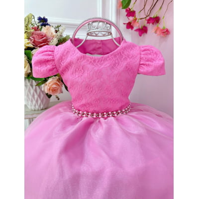 Vestido Infantil Rosa Chiclete Renda Damas C/ Pérolas e Tiara