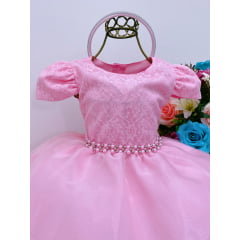 Vestido Infantil Rosa Renda Damas Cinto Pérolas Tiara Luxo