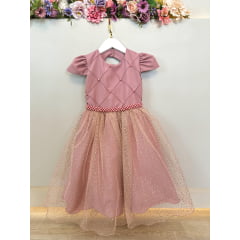 Vestido Infantil Rose Busto Nervura Saia C/ Glitter Festas