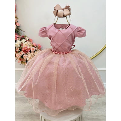 Vestido Infantil Rose Busto Nervura Saia C/ Glitter Festas